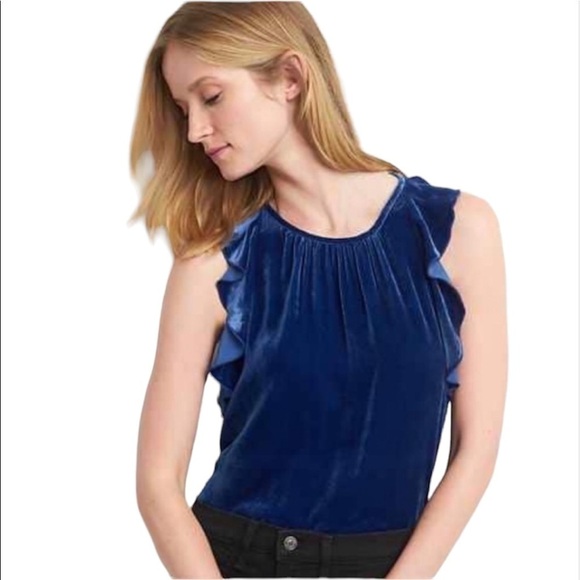 Gap Velvet Sleeveless Ruffle Blouse Top Keyhole Back Blue Size XS - Picture 1 of 8